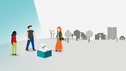 Grafik zum WDR Kandidat*innencheck: Personen stehen vor einer Stadtlandschaft um eine Wahlurne.